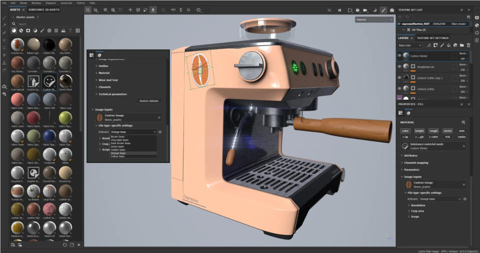 A screenshot of a 3D coffee machine being made in Adobe Substance 3D Painter