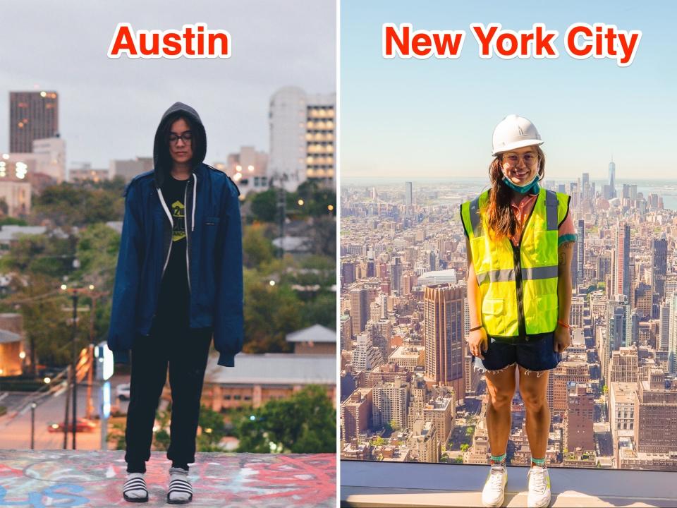 The author is pictured in front of a cloudy day in Austin on the left and a sunny day in New York on the right.
