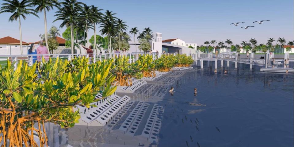 An artist's rendering of hybrid coastal protection showing people swimming near the structure and walking on a path behind it.