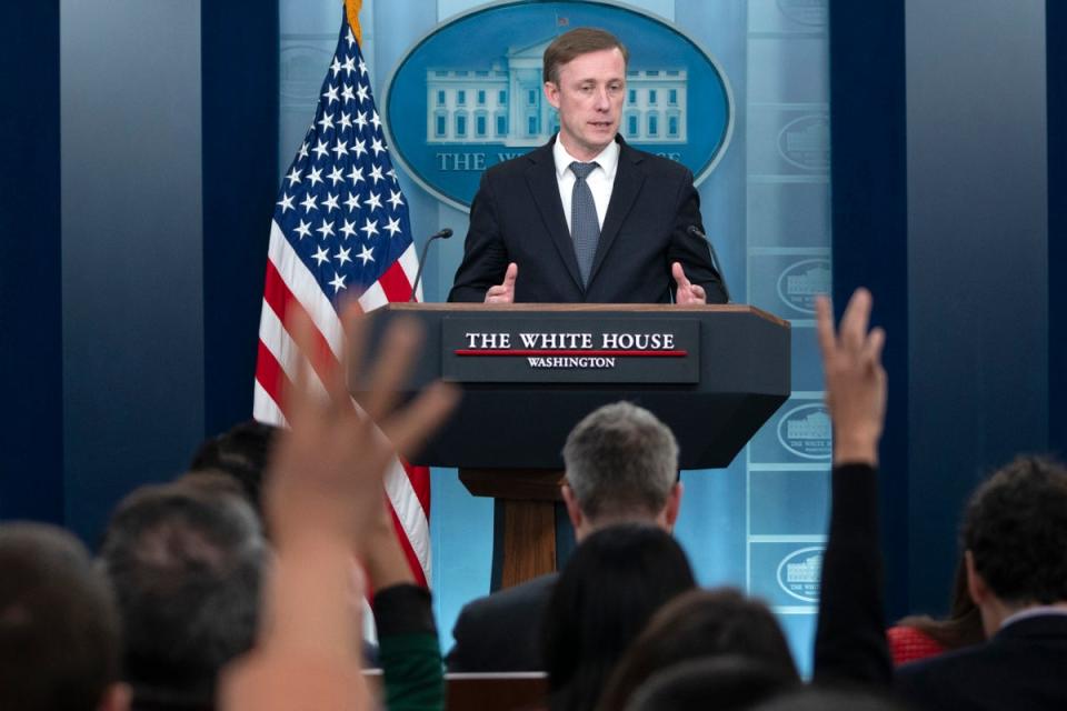 National Security Advisor Jake Sullivan speaks during a press briefing at the White House on 14 February. (AP)