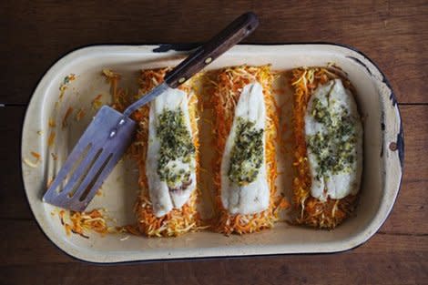 What's in that healthy nest of roasted carrots and parsnips? Dinner.