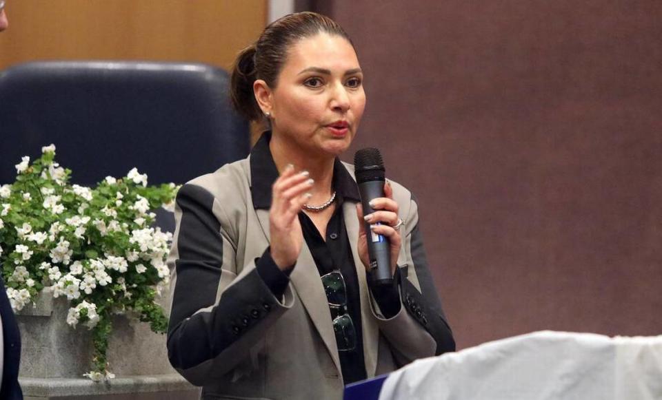 Modesto City Councilmember Rosa Escutia-Braaton welcomed state Sen. Marie Alvarado-Gil to her community swearing-in ceremony at the Modesto Irrigation District board room on March 16, 2023.