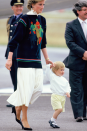 <p>Admittedly the UK isn't that reliable when it comes to balmy days, so Diana has cleverly layered this preppy sweater over a white pie crust collar dress - practical and stylish. This is one of our favourite Lady Di outfits ever.</p>