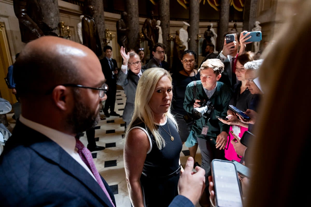 Rep. Marjorie Taylor Greene (R-GA) speaks to reporters in Statuary Hall at the U.S. Capitol Building on April 10, 2024 in Washington, DC (Getty Images)