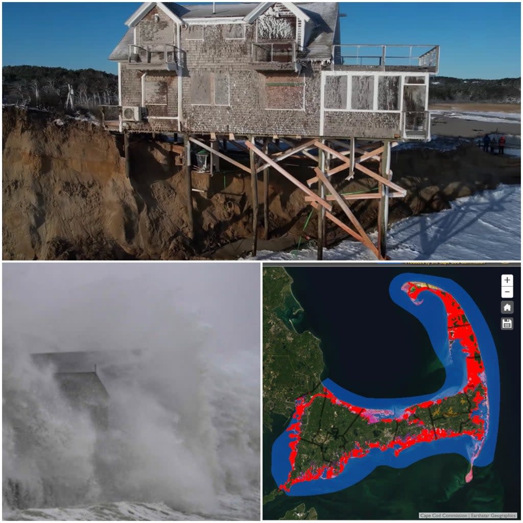 Clockwise from top: A Cape Cod home teeters on the edge after coastal erosion; the flooding risk to Cape Cod by 2100, homes in Scituate are battered by storm surge (Getty/Accuweather/Cape Cod Commission)