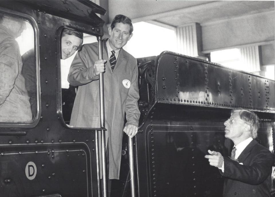 Worcester News: ALL ABOARD: Prince Charles, as he was then, on Clun Castle’s footplate in 1988