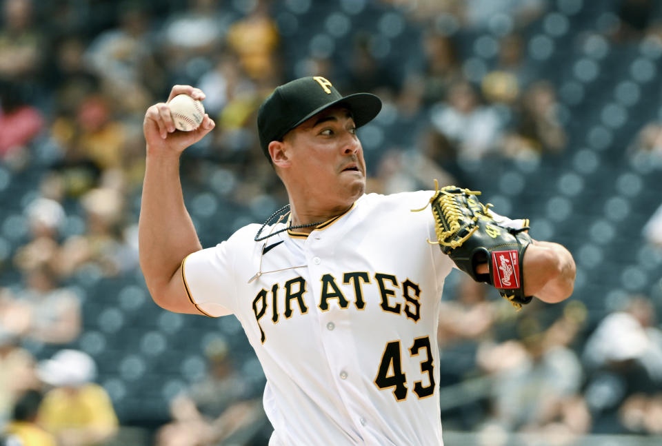 FILE - Pittsburgh Pirates relief pitcher Robert Stephenson (43) pitches against the Texas Rangers during a baseball game, Wednesday, May 24, 2023 in Pittsburgh. Right-handed reliever Robert Stephenson has agreed to a $33 million, three-year contract with the Los Angeles Angels. The Angels announced the deal Tuesday, Jan. 23, 2024 for the 30-year-old Stephenson, who joins his fifth major league team. (AP Photo/Barry Reeger, File)