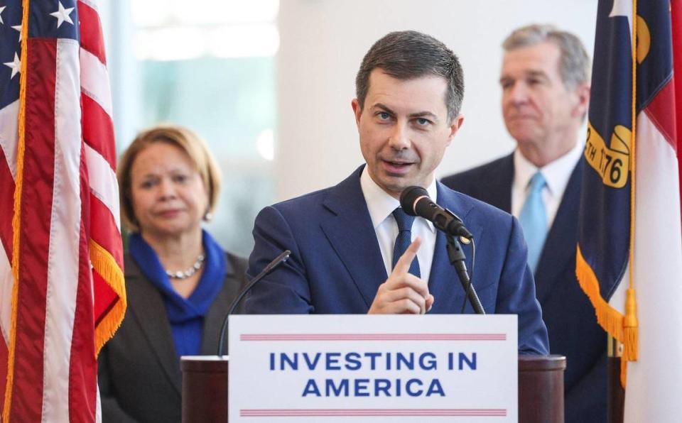 Transportation Secretary Pete Buttigieg visits Charlotte Douglas International Airport to announce nearly $1 billion in investments headed to airports across the country made possible by President Biden’s Bipartisan Infrastructure Law on Thursday, February 15, 2024.