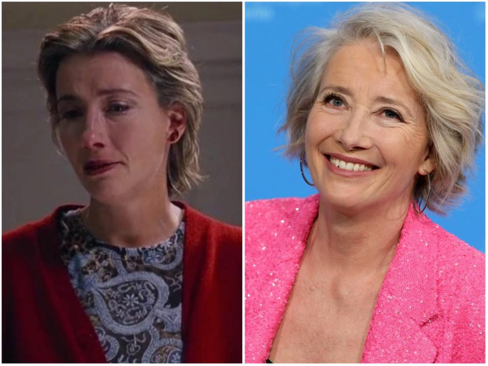 Emma Thompson in ‘Love Actually’ and in 2022 (Universal, Getty)