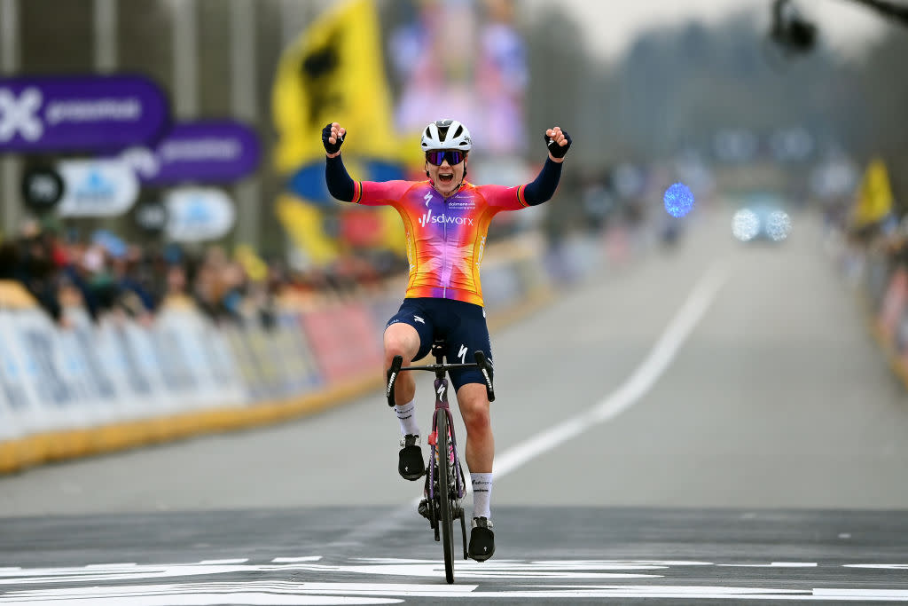  OUDENAARDE BELGIUM  APRIL 02 Lotte Kopecky of Belgium and Team SD Worx celebrates at finish line as race winner during the 20th Ronde van Vlaanderen  Tour des Flandres 2023 Womens Elite a 1566km one day race from Oudenaarde to Oudenaarde  UCIWWT  on April 02 2023 in Oudenaarde Belgium Photo by Tim de WaeleGetty Images 