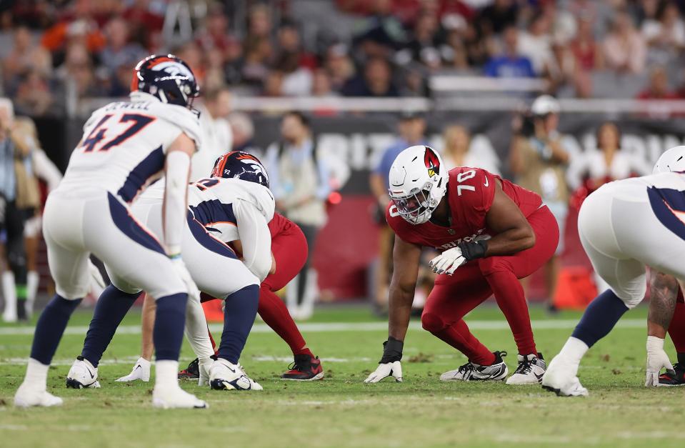 Offensive tackle Paris Johnson Jr. #70 of the Arizona Cardinals in action during the NFL game at State Farm Stadium on Aug. 11, 2023, in Glendale, Arizona. The Cardinals defeated the Broncos 18-17.