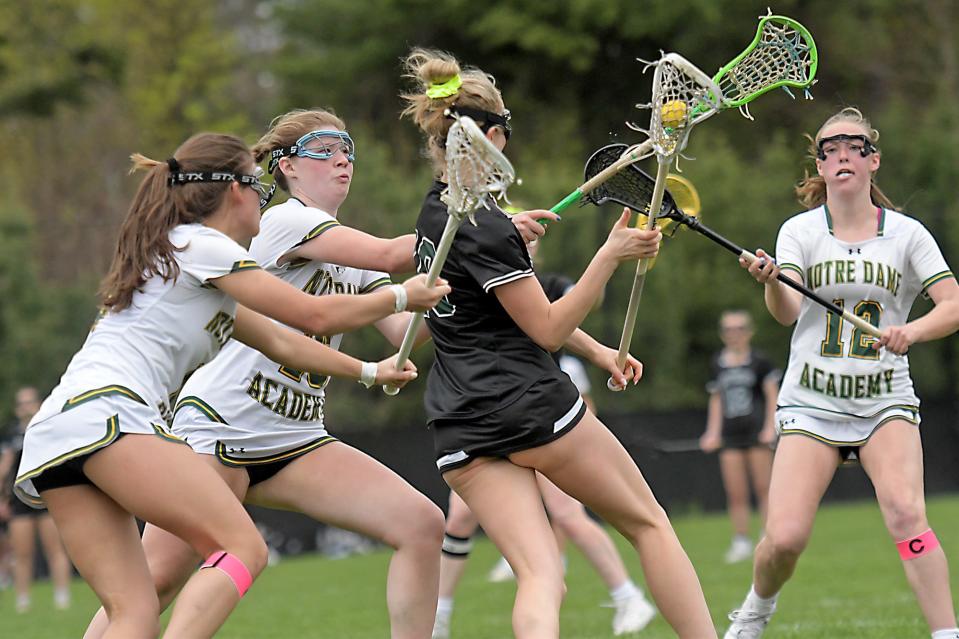 Nipmuc's Paige Anderson attracts a crowd of Notre Dame defenders as she moves into scoring position.