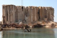 A view shows the grain silo that was damaged in a massive explosion at Beirut port