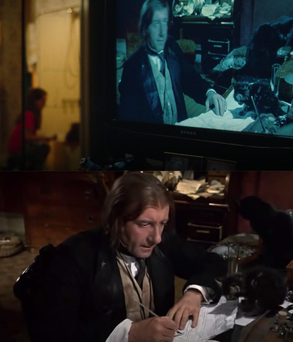 In the top image: A screen playing the movie "The Wrong Box" in episode five of "Euphoria." In the bottom image: A character signing a death certificate in the film "The Wrong Box."