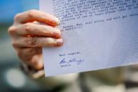 "Victoria" shows a letter sent to her and signed by Anders Breivik, in Stockholm