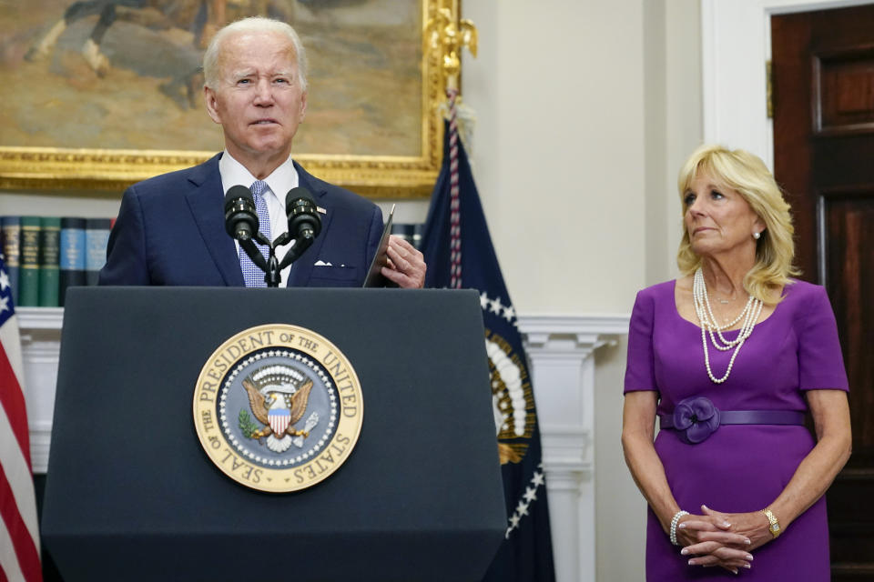 President Joe Biden speaks before signing into law S. 2938, the Bipartisan Safer Communities Act gun safety bill, in the Roosevelt Room of the White House in Washington, Saturday, June 25, 2022. First lady Jill Biden looks on at right. (AP Photo/Pablo Martinez Monsivais)