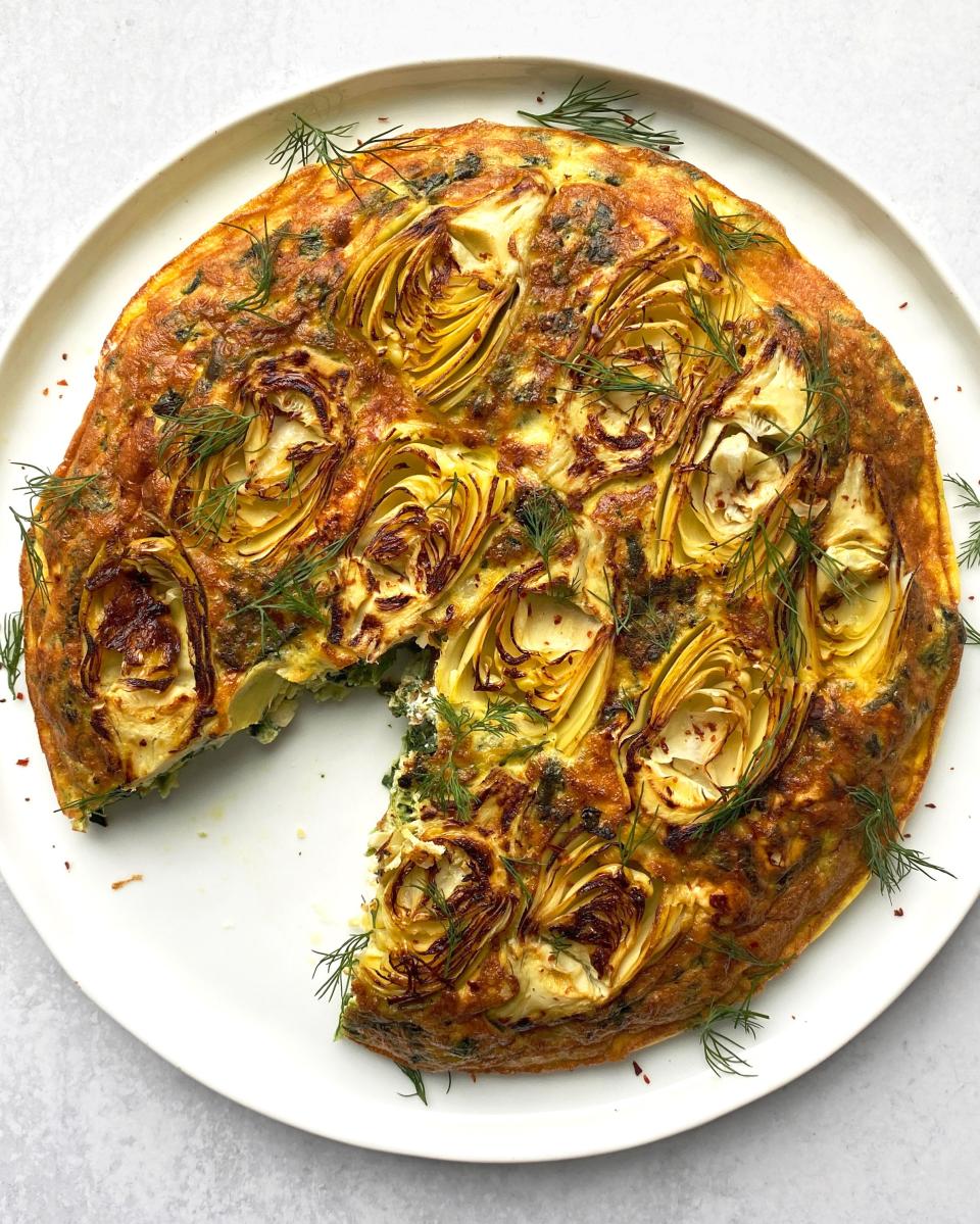 This dip-inspired frittata is an ideal use for fresh spring baby artichokes (but canned artichokes work too, if you've got 'em).