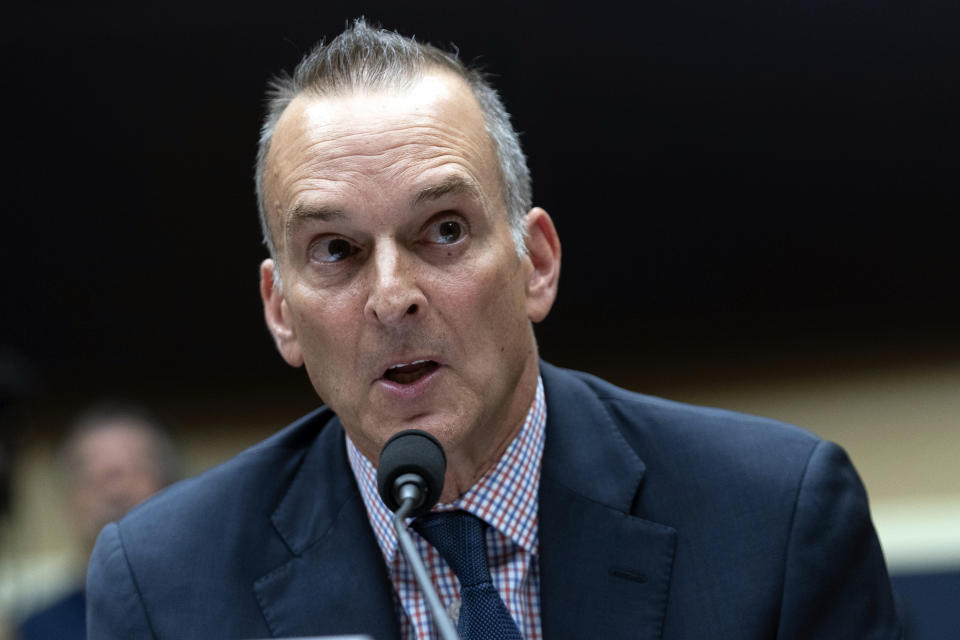 FILE - U.S. Anti-Doping Agency CEO Travis Tygart testifies during The Commission on the State of U.S. Olympics and Paralympics hearing on Capitol Hill in Washington, Wednesday, Sept. 6, 2023. WADA said Saturday, April 19, 2024, it was turning to legal counsel to address a statement released by Travis Tygart, the CEO of the U.S. Anti-Doping Agency, who said WADA and anti-doping authorities in China swept positive tests "under the carpet by failing to fairly and evenly follow the global rules that apply to everyone else in the world.” (AP Photo/Jose Luis Magana, File)