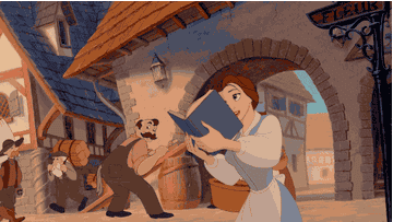 Belle from "Beauty and the Beast" walks while reading a book, townspeople in the background