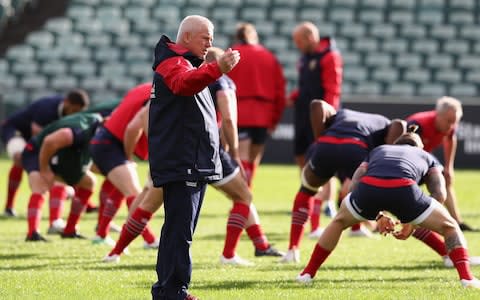 Warren Gatland the Lions head coach issues instructions during the British & Irish Lions training session - Credit: GETTY IMAGES