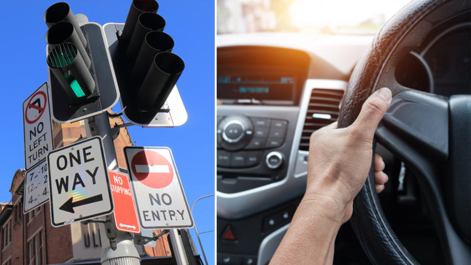 New road rules are coming in 2020. Pictured is a stock image of traffic lights on the left and a hand gripping a steering wheel on the right.