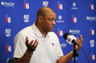 Philadelphia 76ers' Doc Rivers speaks during a news conference at the team's NBA basketball practice facility, Friday, May 13, 2022, in Camden, N.J. (AP Photo/Matt Slocum)