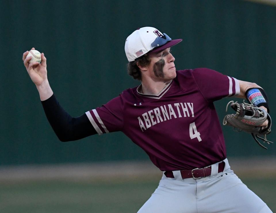 Abernathy's Brayden Vanstory prepares to throw to first base against Idalou in a District 2-3A baseball game, Tuesday, March 21, 2023, at Idalou ISD Baseball Complex in Idalou.