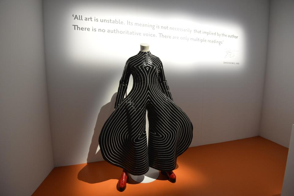 A Kansai Yamamoto costume made for David Bowie displayed at the Philarmonie in Paris, February 27, 2015.