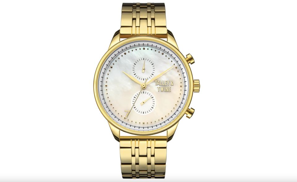 <p><a href="https://talleyandtwine.com/collections/womens/products/womens-worley-chronograph-m-mother-of-pearl-gold" rel="nofollow noopener" target="_blank" data-ylk="slk:Shop Now;elm:context_link;itc:0;sec:content-canvas" class="link ">Shop Now</a></p><p>Mother of Pearl Watch </p><p>$175.00</p><p>Talley & Twine </p>