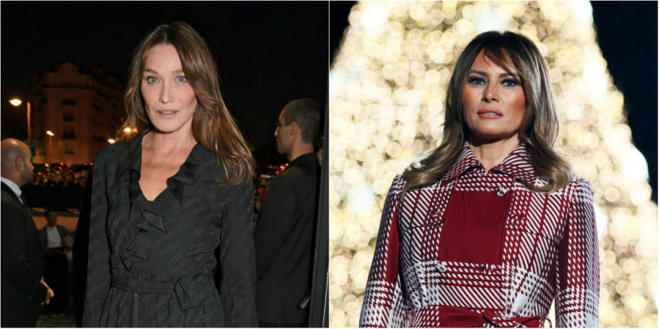 Interviewée par le <em>New York Times</em>, en 2017, Carla Bruni-Sarkozy s’est comparée à Melania Trump : <em>"on a beaucoup de points communs. Elle a été mannequin et vient d’un autre pays, comme moi"</em>. L’ex Première dame française, d’origine italienne, qui n’a jamais rencontré l’épouse du locataire actuel de la Maison Blanche a ensuite tenu à apporter quelques nuances. <em>"Mais elle était l’épouse de son mari bien avant, tandis que j’ai rencontré mon époux alors il était déjà président. J’arrivais tout droit du monde du showbiz et de la mode, alors c’est tout de même différent"</em>. ©montage Getty