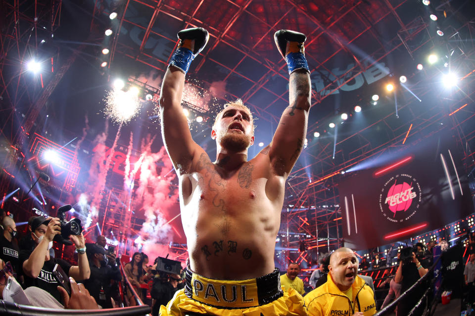 ATLANTA, GEORGIA - APRIL 17: Jake Paul celebrates after defeating Ben Askren in their cruiserweight bout during Triller Fight Club at Mercedes-Benz Stadium on April 17, 2021 in Atlanta, Georgia. (Photo by Al Bello/Getty Images for Triller)