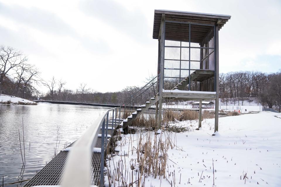 The art installation at Greenwood Pond: Double Site is slated to be removed later this year due to safety concerns and a high cost to rebuild Friday, Feb. 16, 2024, Greenwood Pond: Double Site at Greenwood Park.