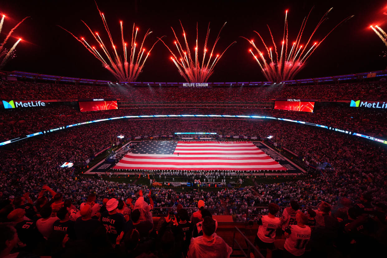 The national anthem before the Cowboys-Giants game at MetLife Stadium. (Mitchell Leff/Getty Images)