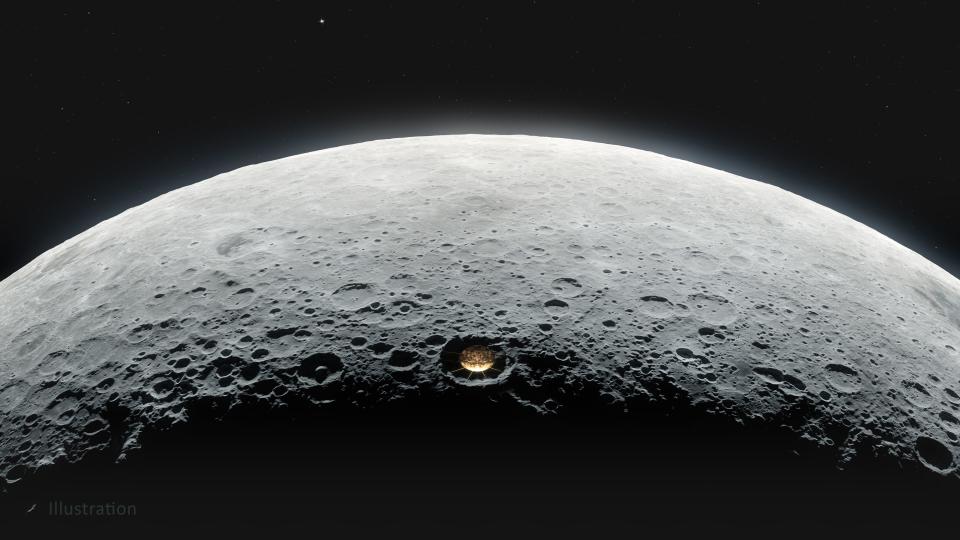 lunar crater radio telescope wide view on far side of moon