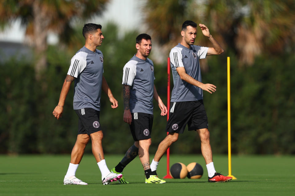 FORT LAUDERDALE, FLORIDA - JANUARY 13: Luis Suarez #9, Lionel Messi #10 and Sergio Busquets #5 of Inter Miami CF look on during an Inter Miami CF Training Session at Florida Blue Training Center on January 13, 2024 in Fort Lauderdale, Florida. (Photo by Megan Briggs/Getty Images)
