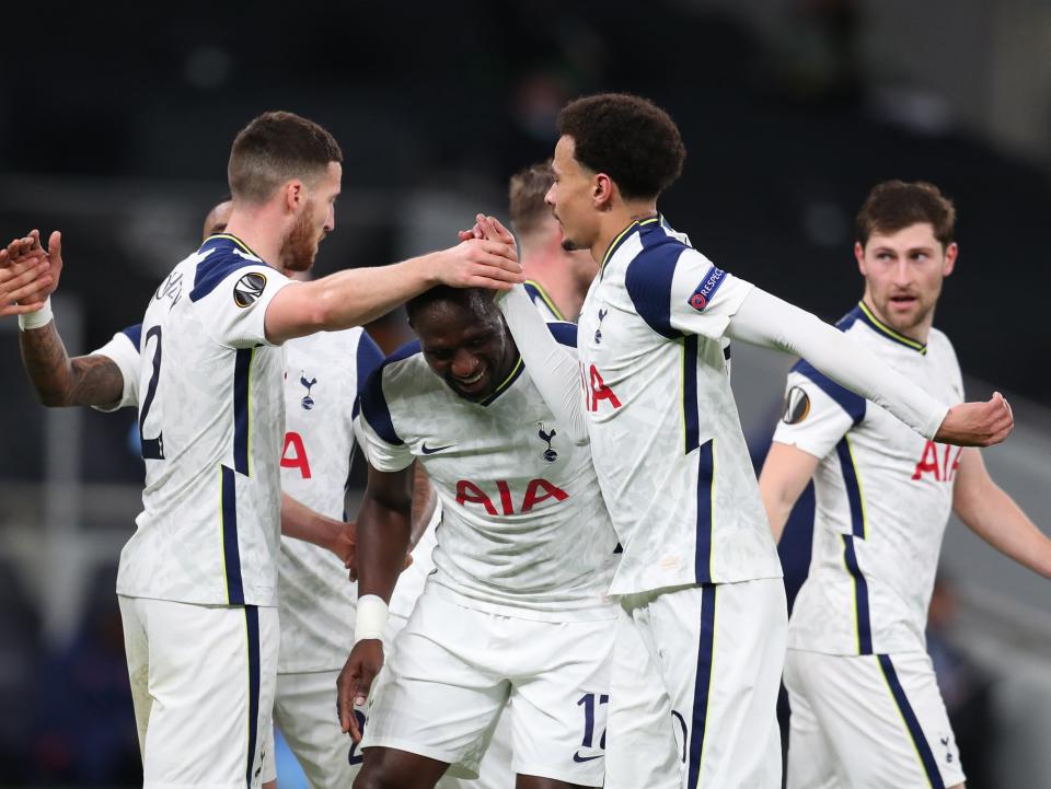<p>Tottenham players celebrate during their second-leg win over Wolfsberger in the last 32</p> (Tottenham Hotspur FC via Getty Images)