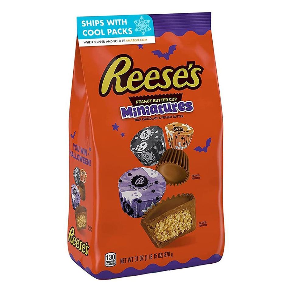 <p><strong>Reese's</strong></p><p>amazon.com</p><p><strong>$12.30</strong></p><p>These mini Reese's are a staple because who doesn't love peanut butter and chocolate? Each cup is individually wrapped in frightful patterns from ghosts to skeletons in this 31 oz bag.</p>