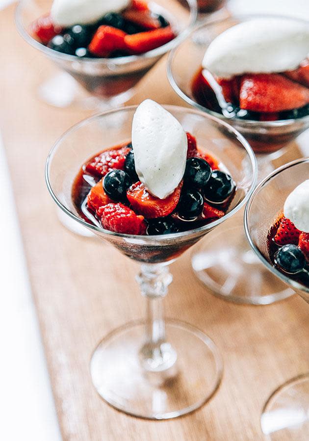 Berries poached in balsamic with vanilla cream