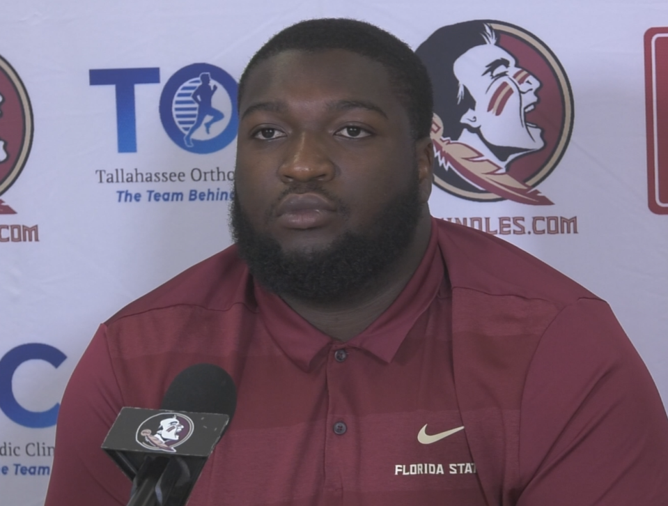 FSU offensive line transfer D'Mitri Emmanuel addresses the media on Friday, May 27, 2022.