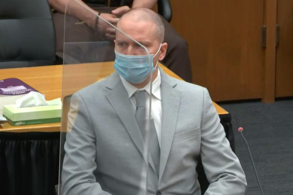 In this screen grab from video, former Minneapolis police officer Derek Chauvin is seen during victim impact statements as Hennepin County Judge Peter Cahill presides over sentencing, Friday, June 25, 2021 in Minneapolis.<span class="copyright">Pool photo by Court TV/AP</span>