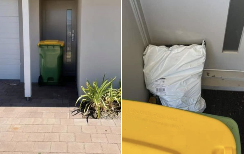 A recycling bin outside a home hides a package delivered to a woman in Western Australia.