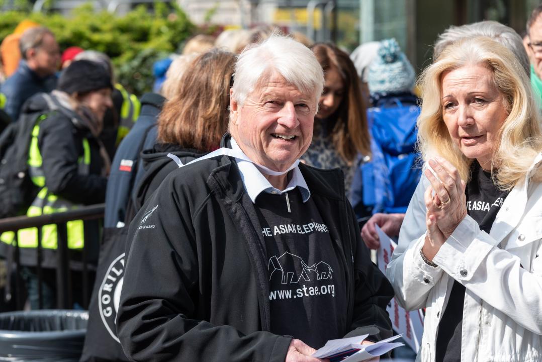 Stanley Johnson at a stop trophy hunting and ivory trade protest rally, London, UK. Father of Boris Johnson