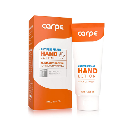 Carpe Antiperspirant hand lotion and its packaging against white bakcground