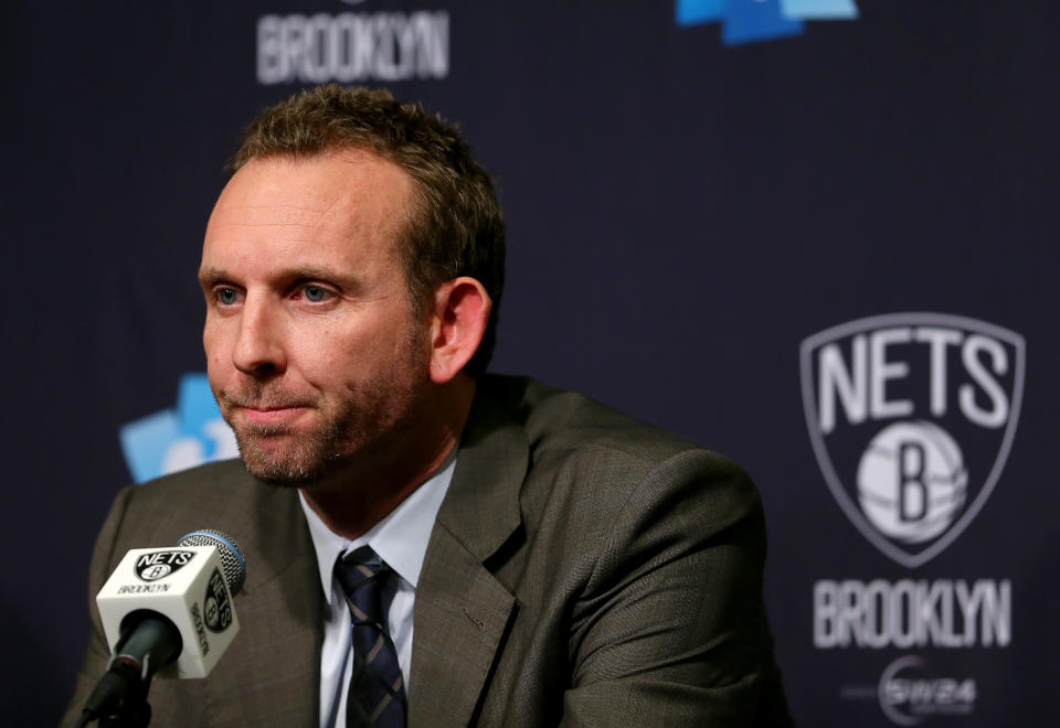 Newly hired Brooklyn Nets General Manager Sean Marks answers questions during a press conference before the game between the Brooklyn Nets and the New York Knicks.