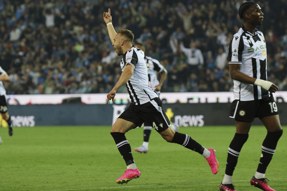 Udinese Sandi Lovric celebrates scoring during the Serie A soccer match between Udinese and Napoli at the Dacia Arena in Udine, Italy, Thursday, May 4, 2023. (Andrea Bressanutti/LaPresse via AP)