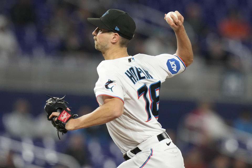 Miami Marlins starting pitcher Bryan Hoeing throws during the first inning of a baseball game against the Toronto Blue Jays, Monday, June 19, 2023, in Miami. (AP Photo/Lynne Sladky)