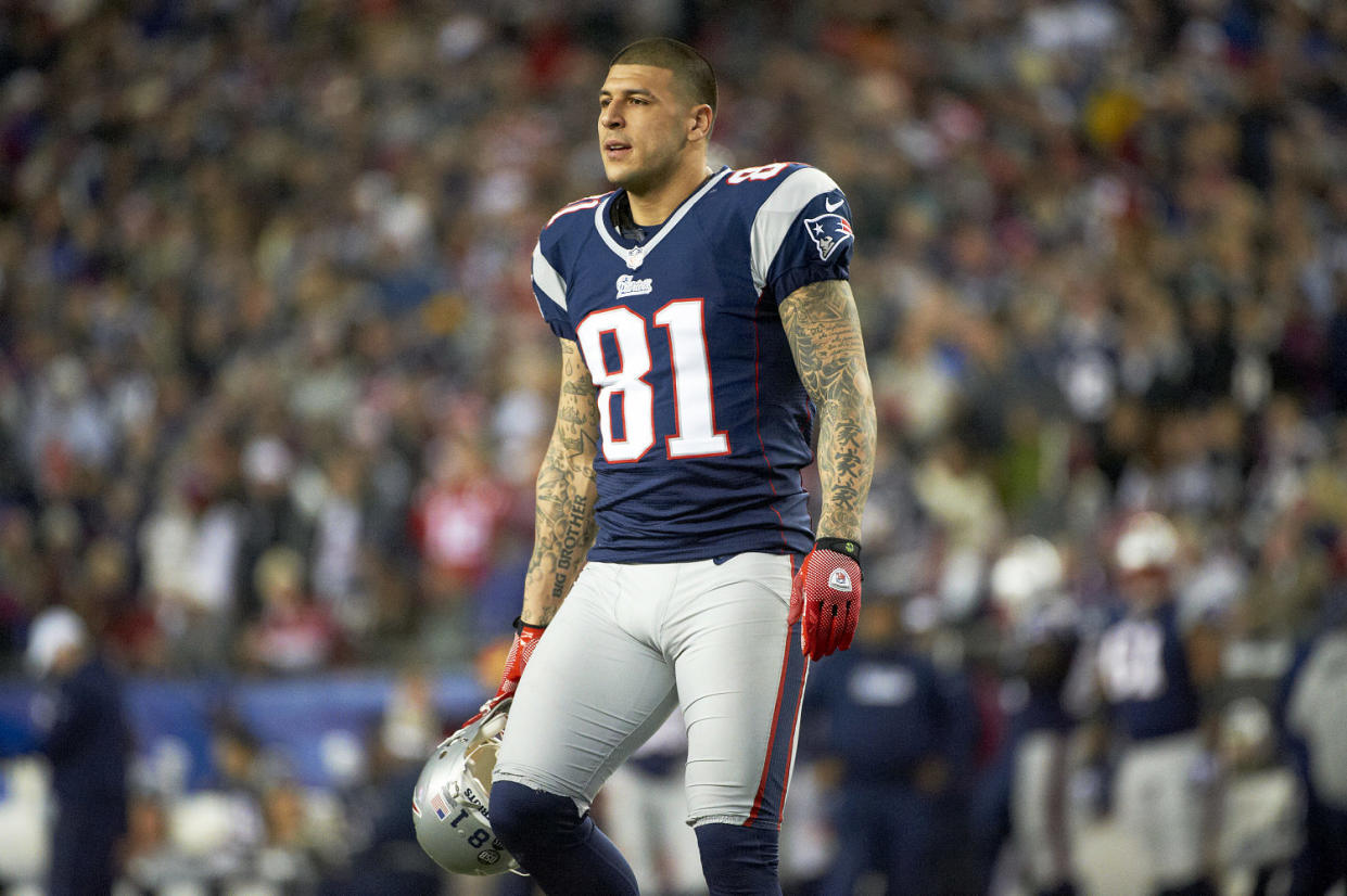 Aaron Hernandez of the New England Patriots during a game in 2013. (Heinz Kluetmeier/Getty Images)