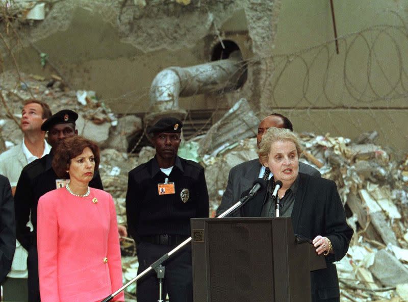 FILE PHOTO: U.S SECRETARY OF STATE MADELEINE ALBRIGHT ADDRESSES KENYAN'S AT BOMB SITE.