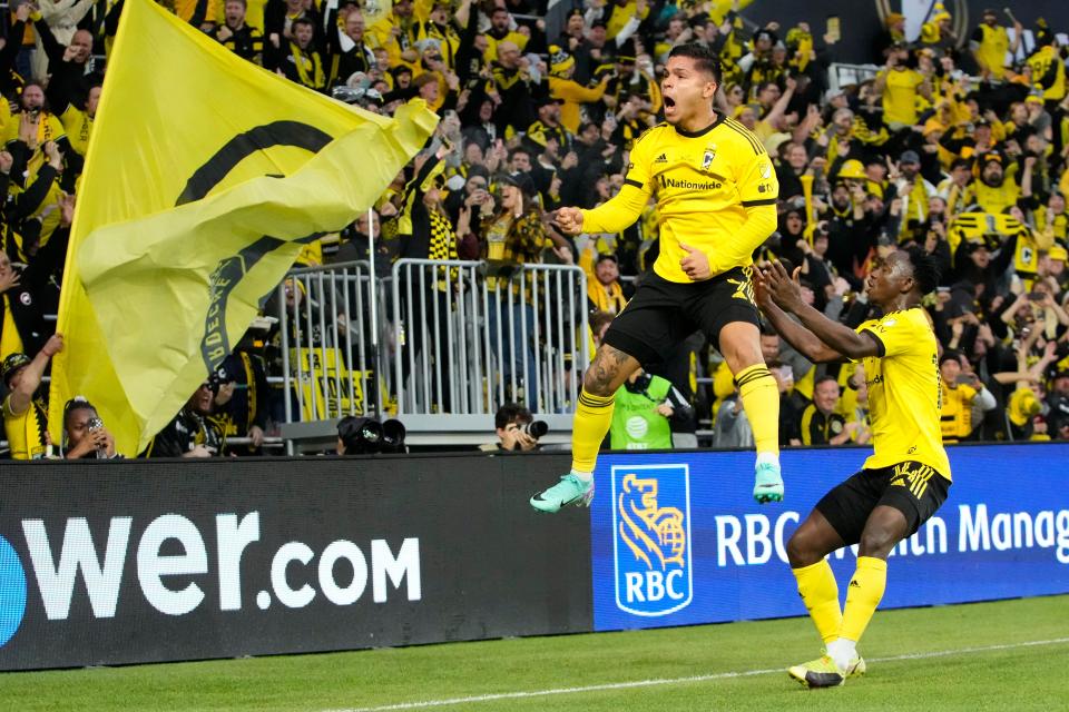 Dec 9, 2023; Columbus, OH, USA; Columbus Crew forward Cucho (9) celebrates his goal on a penalty shot against Los Angeles FC goalkeeper Maxime Crepeau (16) (not pictured) during the first half at Lower.com Field. Mandatory Credit: Adam Cairns-USA TODAY Sports