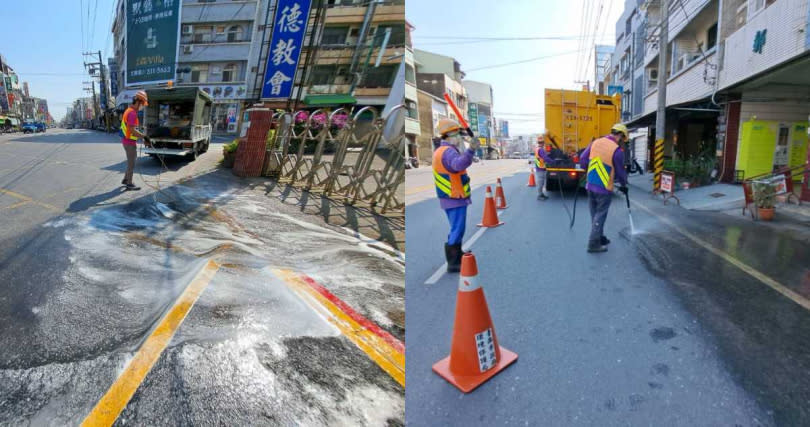 環保局就民安路、中正路口與北保東路之路面鳥屎定期清理消毒。（圖／翻攝自郭鴻儀臉書）